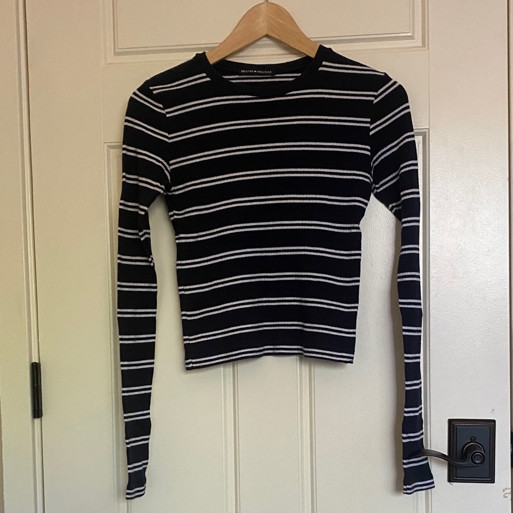 Brandy Melville Striped Long-Sleeve Crewneck Top - Navy Blue & White
